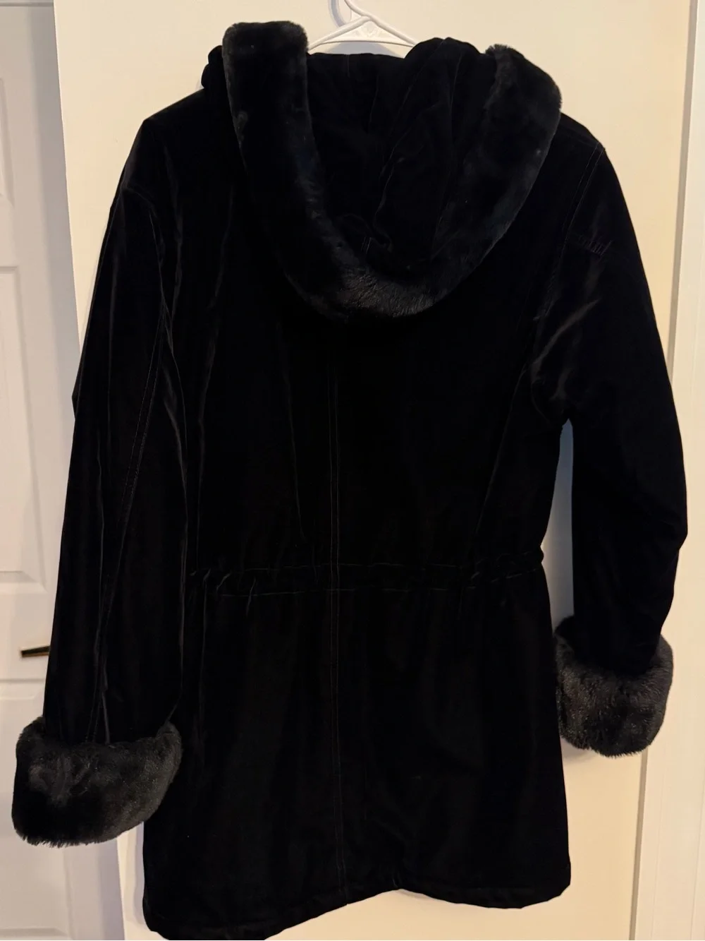 Gallery‎ Black Velvet Hooded Puffer Coat with Faux Fur Trim